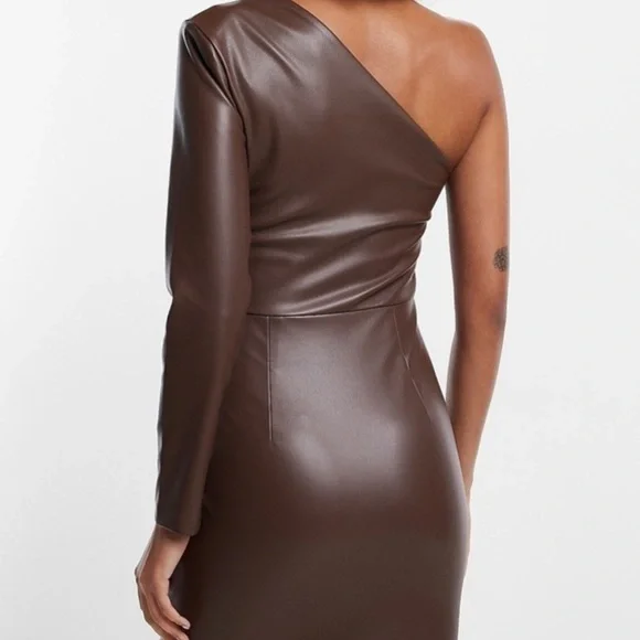 Express Faux Leather One Shoulder Mini Dress Mocha - Picture 3 of 13